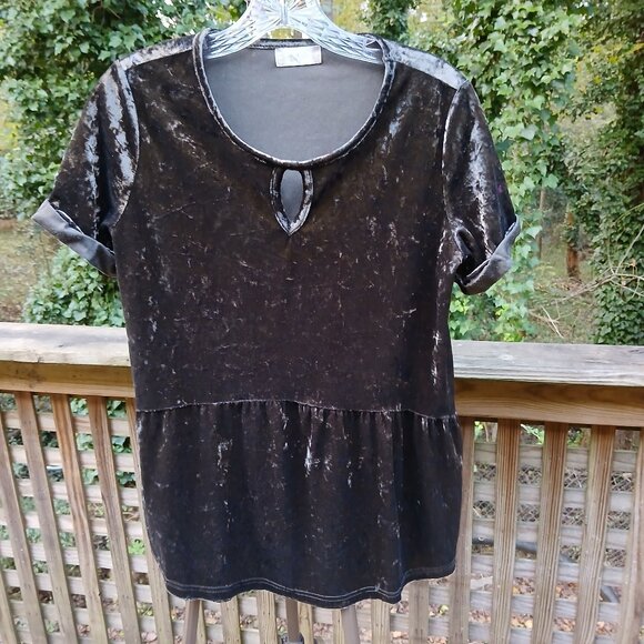Grey Green Semi Crushed Velvet Baby Doll Round Neck Keyhole  Peplum Tunic Sz S - Picture 1 of 7